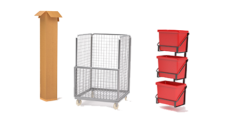 Illustration av en kartong, en elskrinda och tre röda kärl