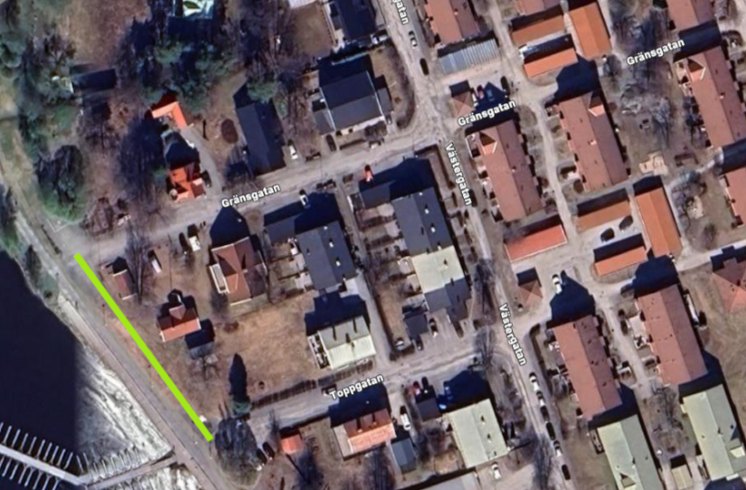 Kartbild som visar tillfällig väg med grön markering mellan Gränsgatan och Toppgatan.