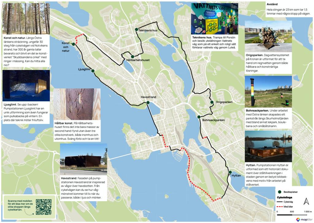 Cykelkarta som visar åtta stopp i Luleå.